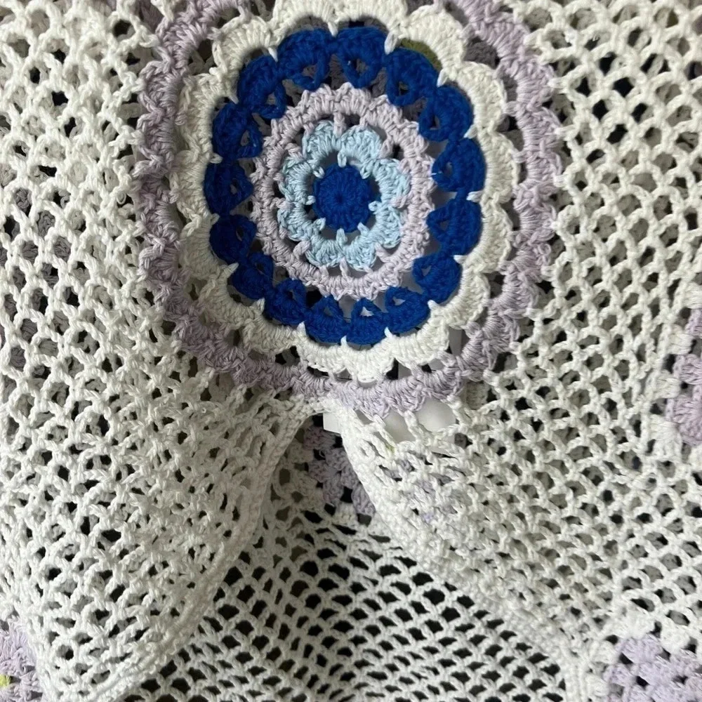 Zara crop top crochet evil eye cover-up wide boat neck swimsuit short sleeve